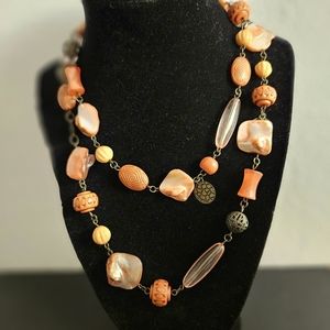 Vintage Faux Coral Dyed Abalone Shell Long Bead Necklace